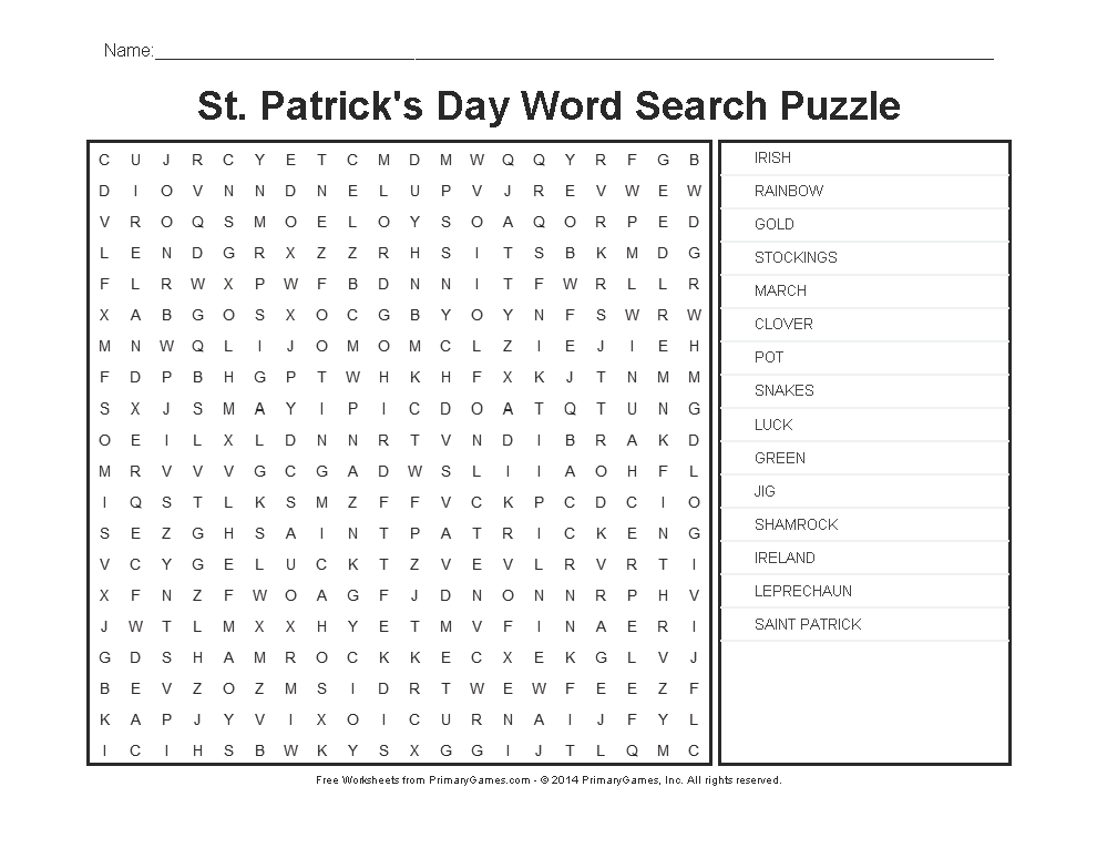 St. Patrick's Day Word Search Puzzle