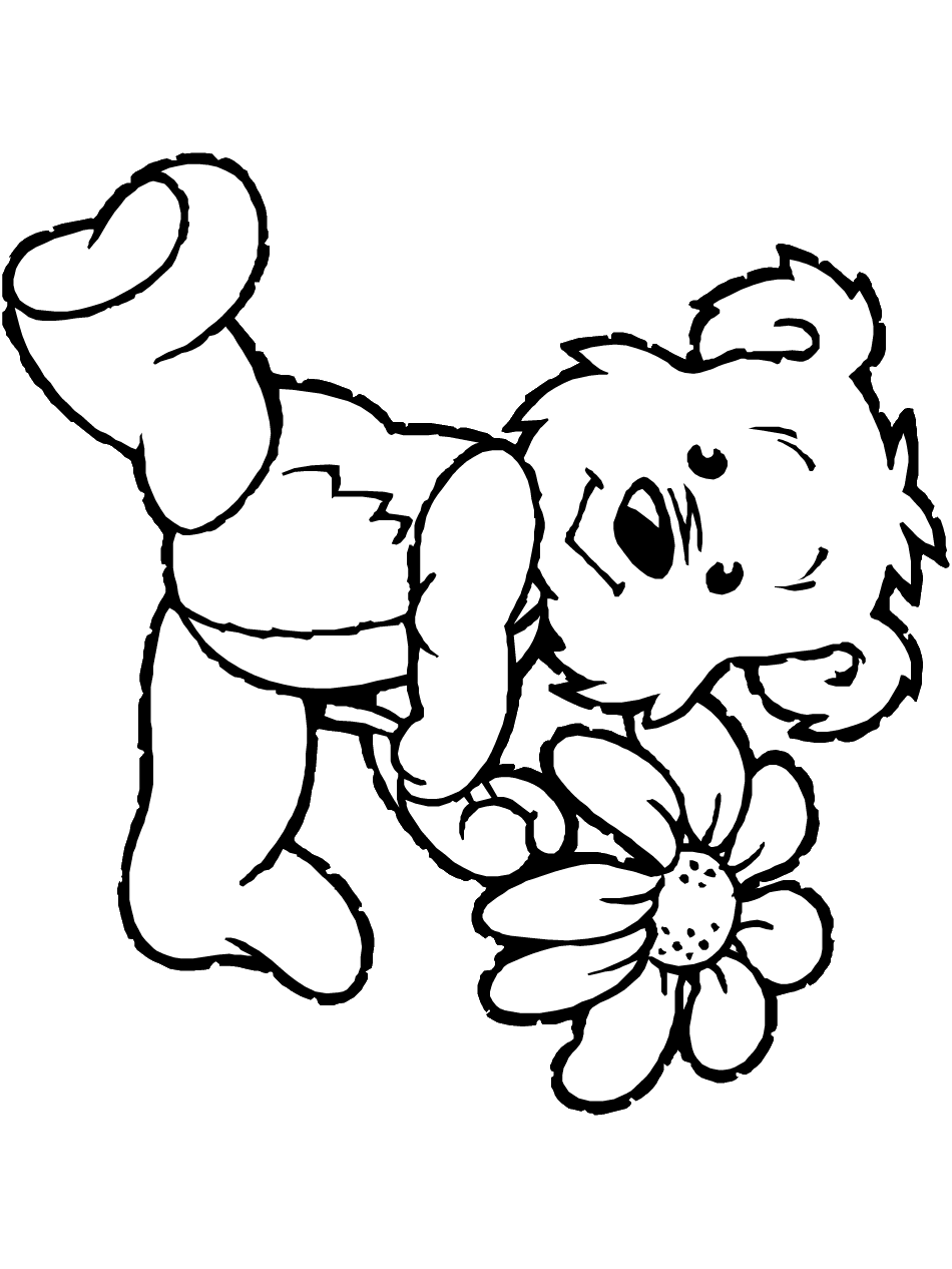Teddy Bear With Flower Coloring Page | Printable Spring Coloring eBook