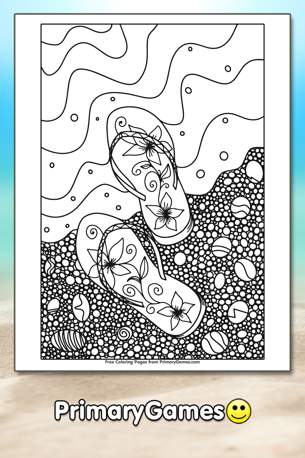 Flip Flops on Beach Coloring Page | Printable Summer Coloring eBook