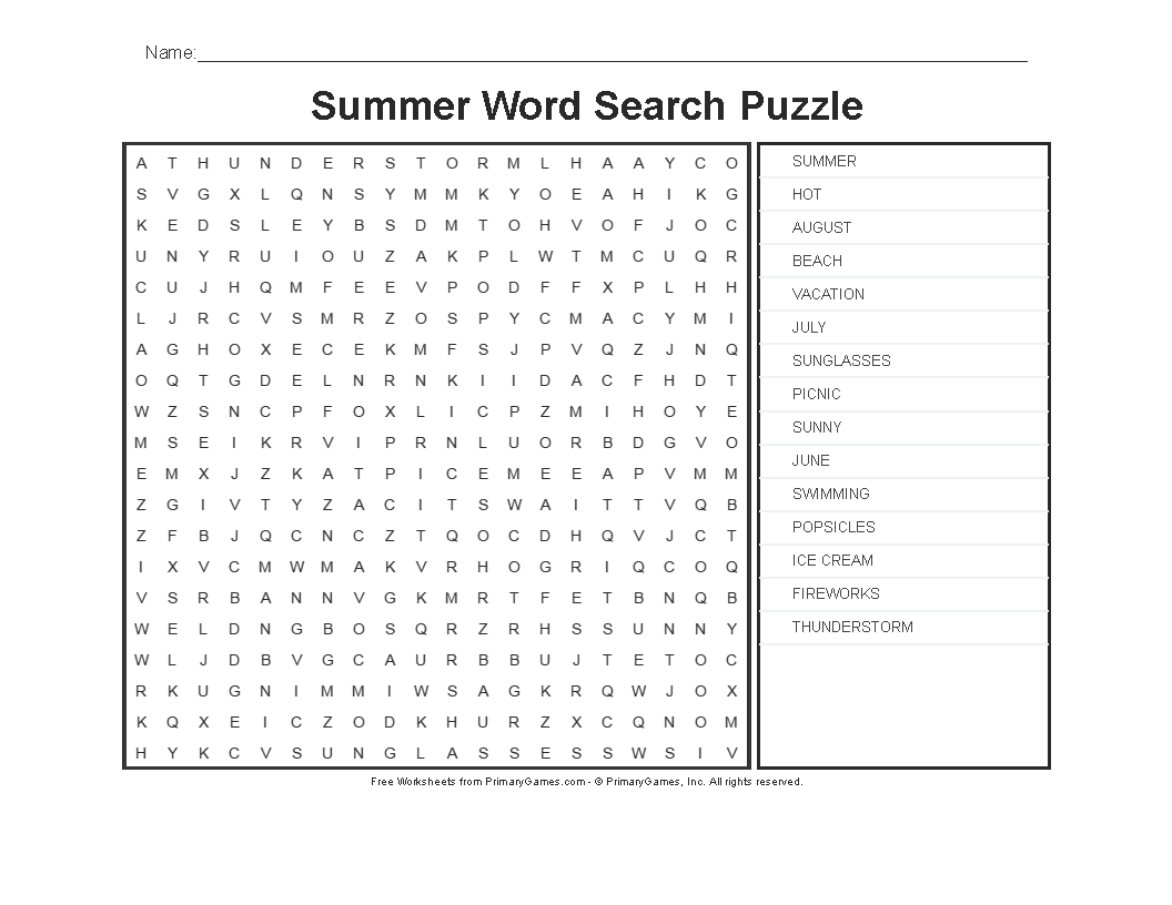 Summer Worksheets: Summer Word Search Puzzle - PrimaryGames - Play Free