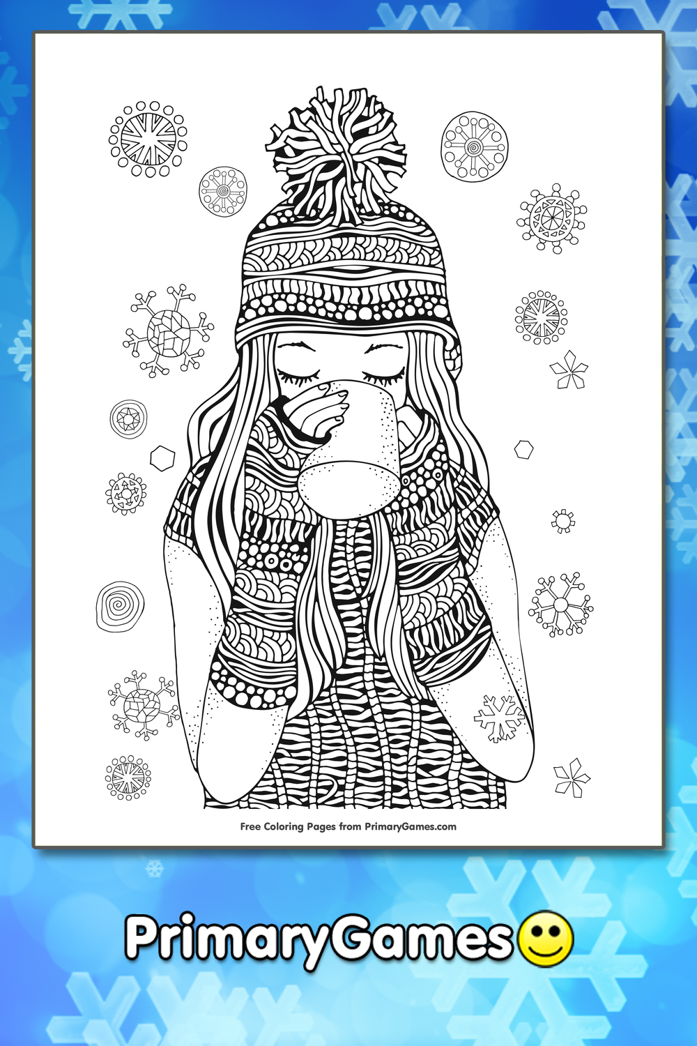 Girl Drinking Hot Chocolate Coloring Page | Printable Winter Coloring