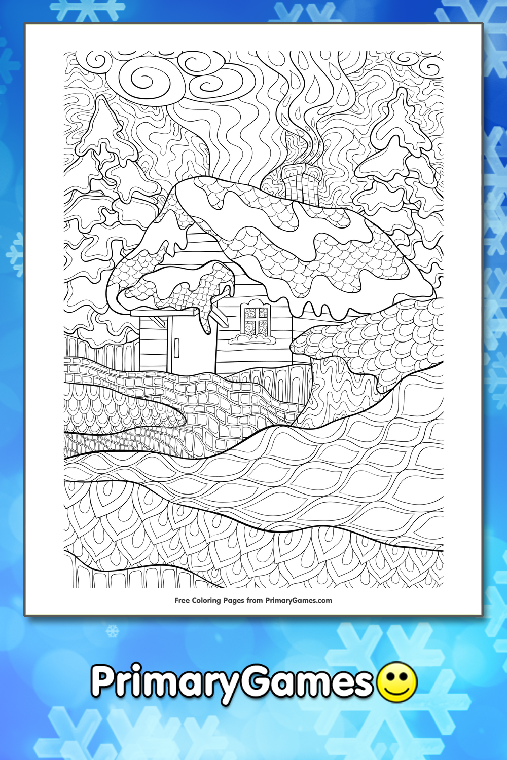 Zentangle Winter Cabin Coloring Page | Printable Winter Coloring eBook