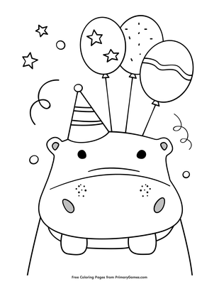 birthday hippo holding balloons coloring page • free