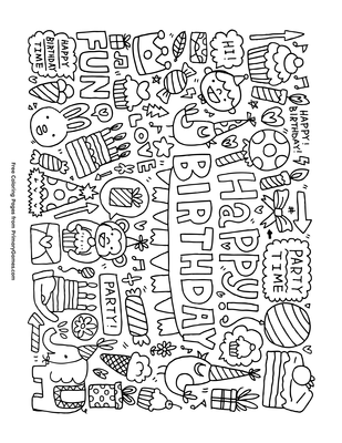 happy birthday doodles coloring page • free printable pdf