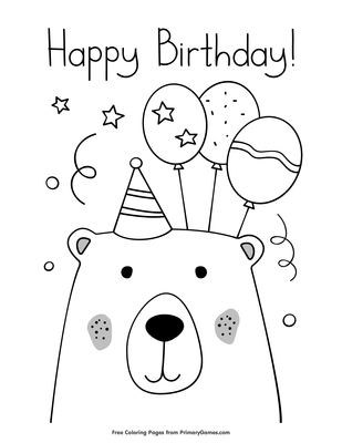 happy birthday bear with balloons coloring page • free