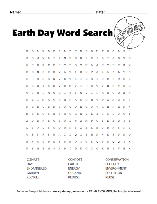 earth day worksheets earth day wordsearch puzzle free online games at primarygames