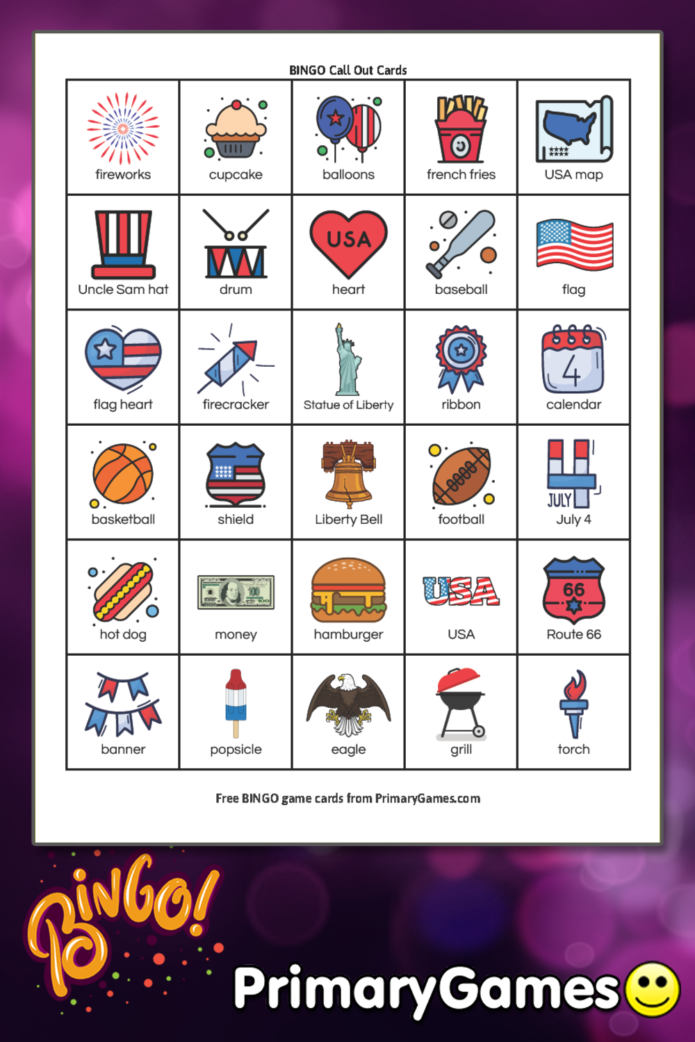 Fourth of July BINGO Game Call Out Sheet • FREE Printable Game from