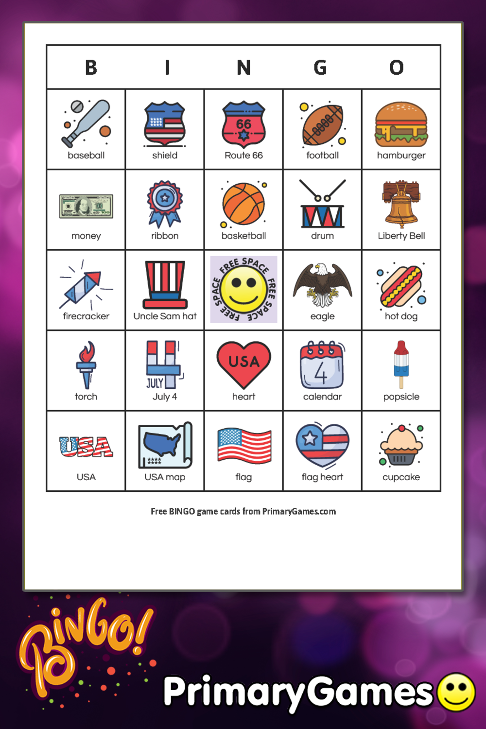 Fourth of July BINGO Game Card • FREE Printable Game from PrimaryGames