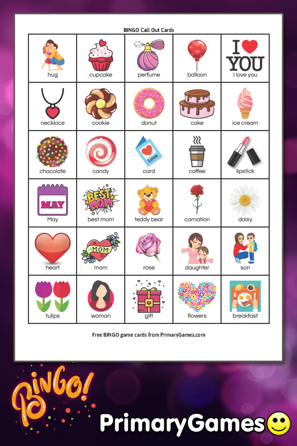 Mother's Day BINGO Game Call Out Sheet • FREE Printable Game from