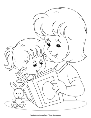 mom reading book to daughter coloring page • free printable