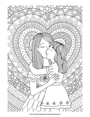 mom hugging daughter coloring page • free printable pdf from