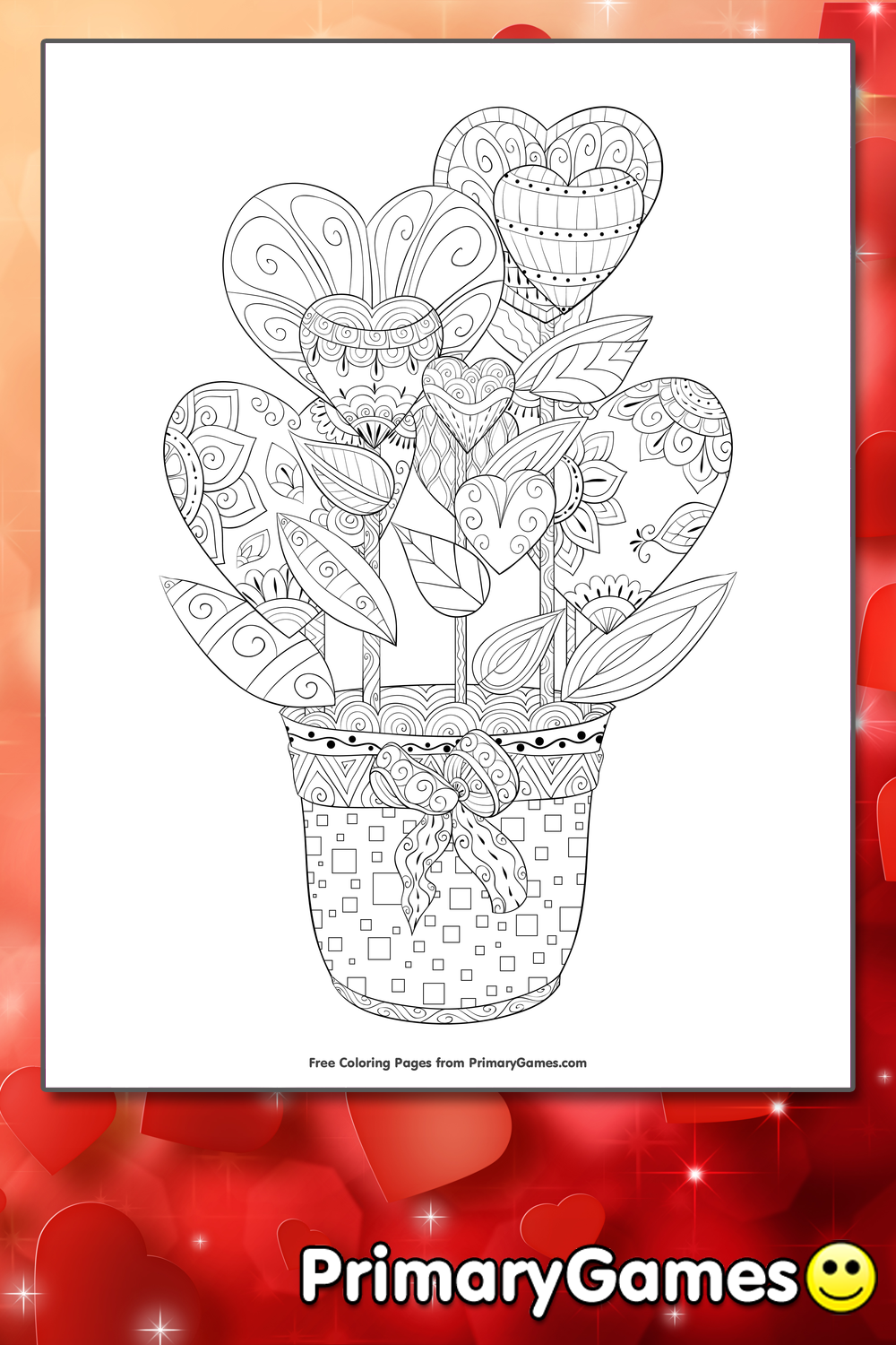 Hearts in a Flower Pot Coloring Page • FREE Printable PDF from ...