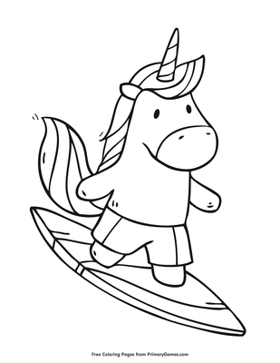 unicorn surfer coloring page • free printable pdf from