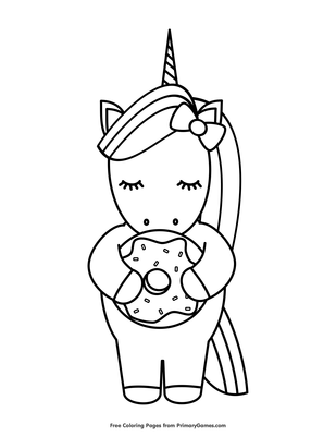 unicorn holding a donut coloring page • free printable pdf