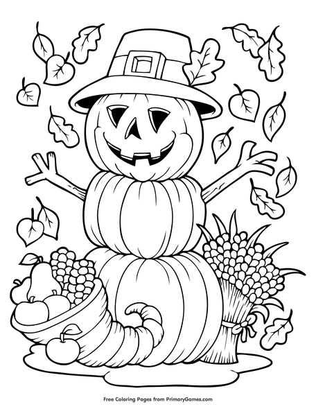 Pumpkin Scarecrow And Cornucopia Coloring Page Free Printable Pdf From Primarygames