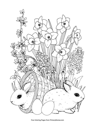 bunnies and spring flowers coloring page • free printable