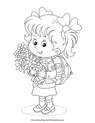 girl holding spring flowers coloring page • free printable